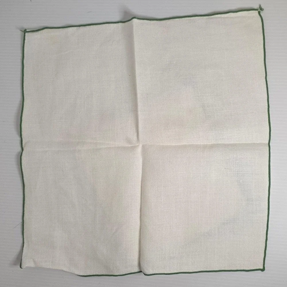 Vintage Linen Napkins Set‎ of 2 Green Trimmed Hand Sewn Square Napkins